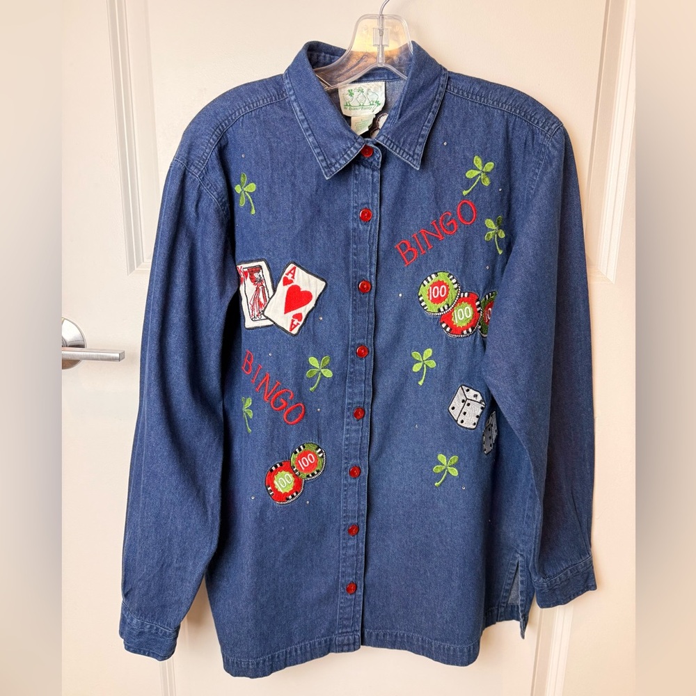 Vintage‎ The Quaker Factory Lucky Bingo Casino Embroidered Denim Shirt L